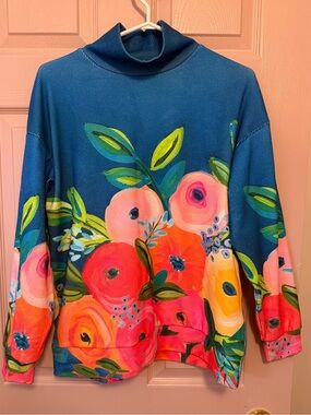 Floral Turtleneck Sweater in Teal with Bright Floral Print